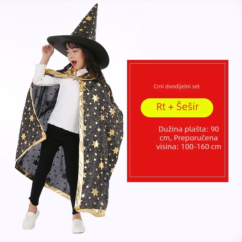 Dječji Halloween plašt s kapom – cosplay kostim Čarobnica/Maga, pamuk-mješovita tkanina, poliester