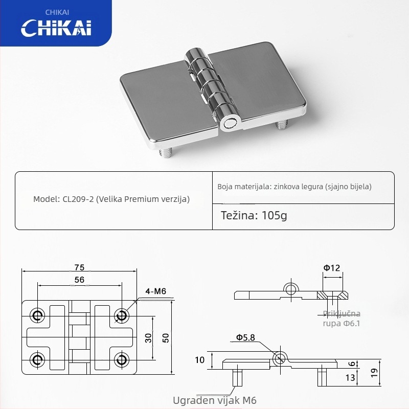 CL209 običan kvadratni šarki za razvodne kutije — modeli CL209-1, CL209-A, CL209-1C; materijal: cinkova legura; završna obrada površine: elektroplatiranje i poliranje; marka: Chikai
