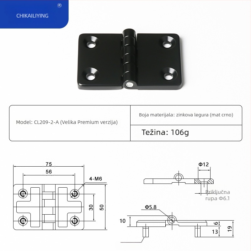 CL209 običan kvadratni šarki za razvodne kutije — modeli CL209-1, CL209-A, CL209-1C; materijal: cinkova legura; završna obrada površine: elektroplatiranje i poliranje; marka: Chikai