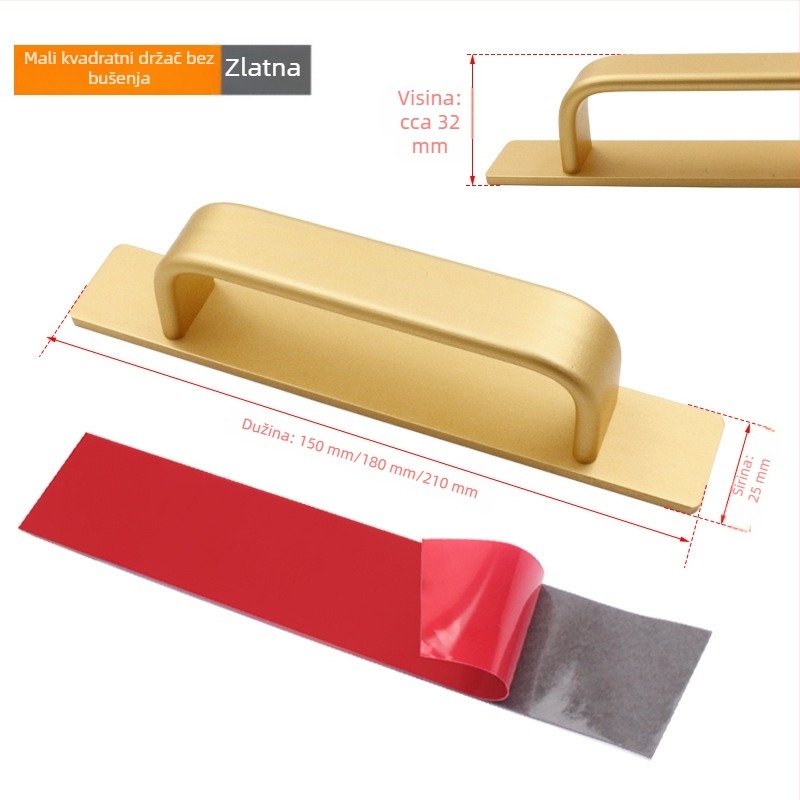 Sukop 41144 držač za klizna vrata od aluminijske legure, mat završna obrada, pričvršćivanje ljepilom bez bušenja, za drvena vrata i staklene kuhinjske ormariće