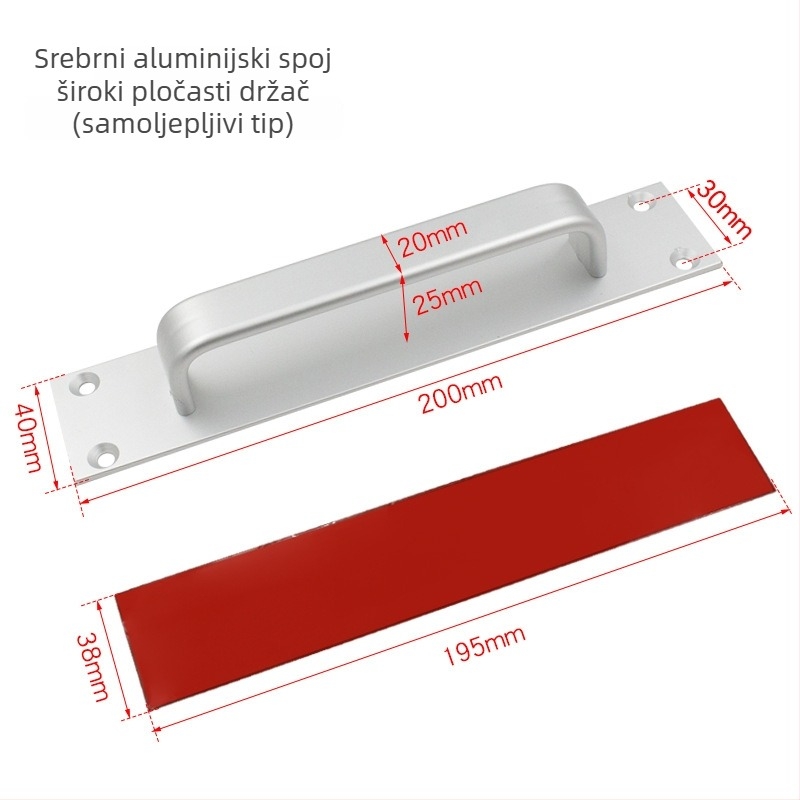 Sukop 41144 držač za klizna vrata od aluminijske legure, mat završna obrada, pričvršćivanje ljepilom bez bušenja, za drvena vrata i staklene kuhinjske ormariće