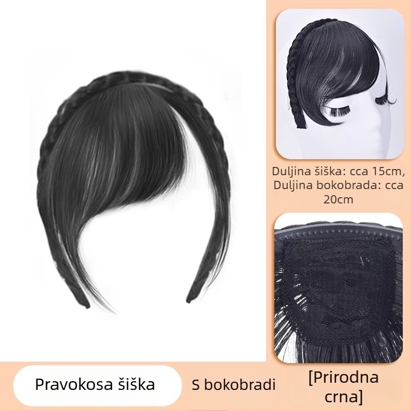 Pera s dvostrukim pletenicama na traku za glavu i fringe — vlakna otporna na toplotu, konstrukcija mehanizam, za žene, fringe se može poravnati ili nagnuti, bez bojanja