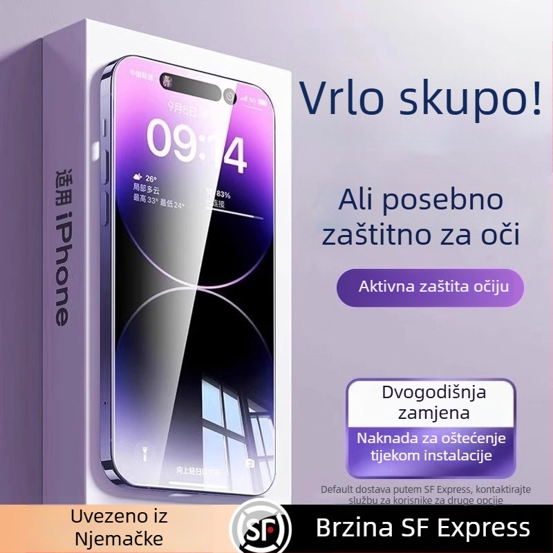 Staklena zaštita zaslona s AR zaštitom očiju, prednji film, HD kvaliteta, kompatibilno s iPhone 15 Pro Max, 16 Pro i 14 Plus