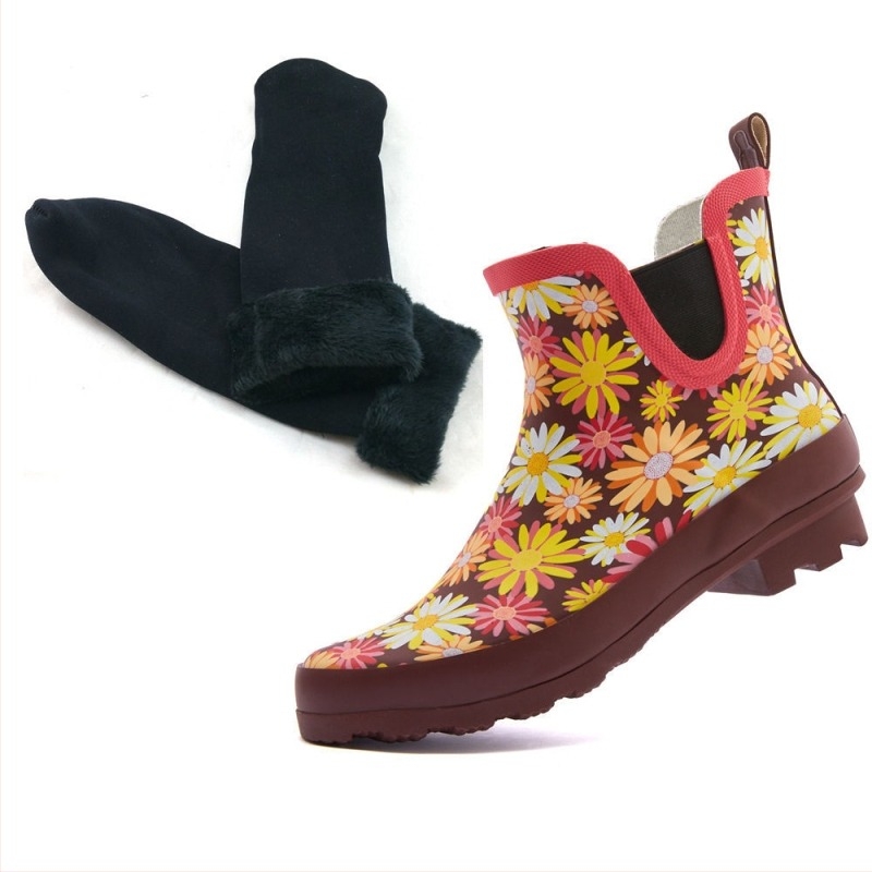 Ženske vodootporne čizme za kišu s cvjetnim uzorkom, slip-on, niski dio čizme, prirodni kaučuk, jesen-zima