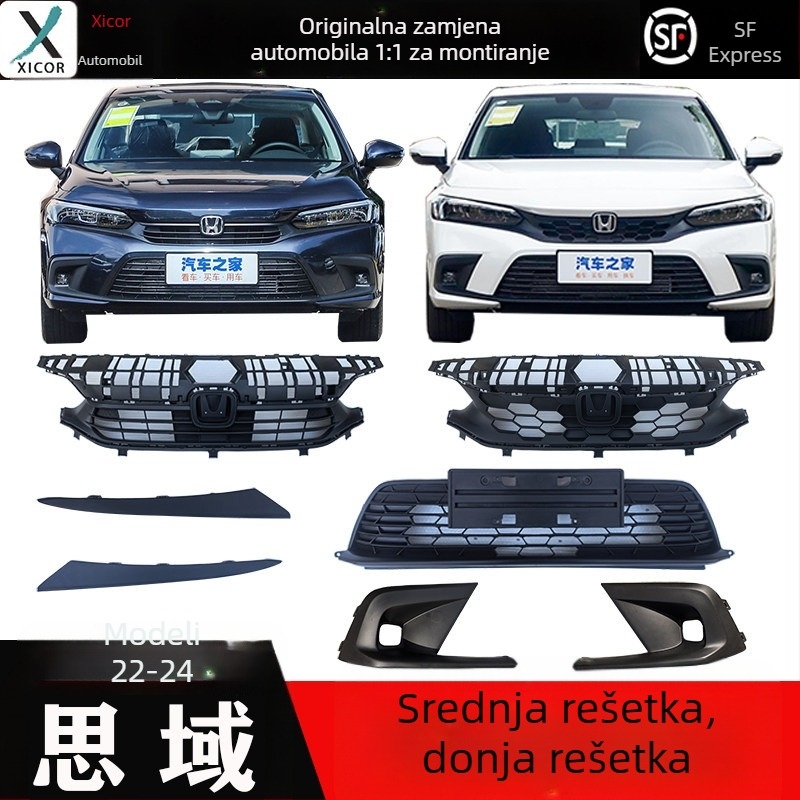 Prednja rešetka radijatora s uzorkom saća za Honda Civic 11. generacije, metalna konstrukcija, kompatibilna s ručnim mjenjačem, originalna tvornička prilagodba