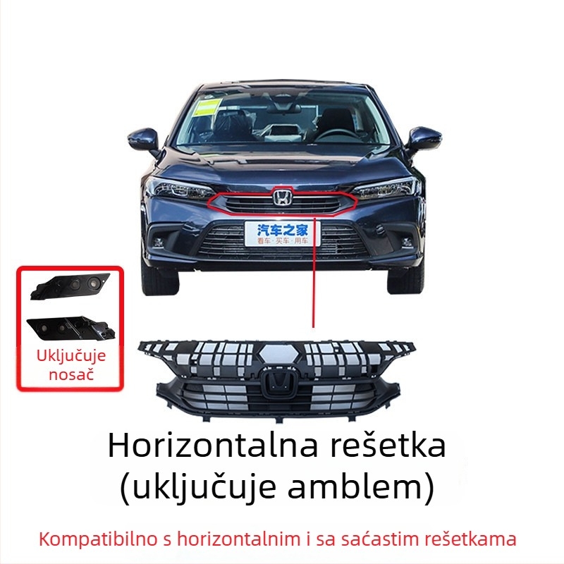 Prednja rešetka radijatora s uzorkom saća za Honda Civic 11. generacije, metalna konstrukcija, kompatibilna s ručnim mjenjačem, originalna tvornička prilagodba