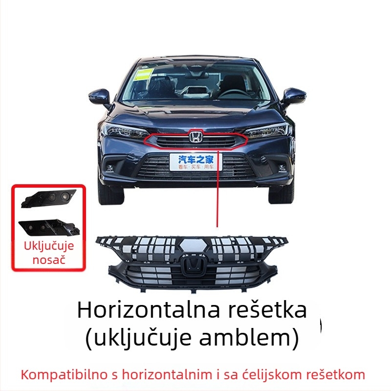 Prednja rešetka radijatora s uzorkom saća za Honda Civic 11. generacije, metalna konstrukcija, kompatibilna s ručnim mjenjačem, originalna tvornička prilagodba