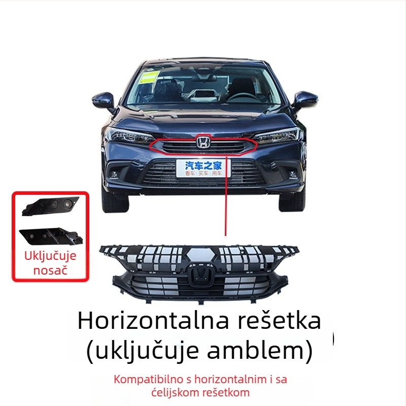 Prednja rešetka radijatora s uzorkom saća za Honda Civic 11. generacije, metalna konstrukcija, kompatibilna s ručnim mjenjačem, originalna tvornička prilagodba
