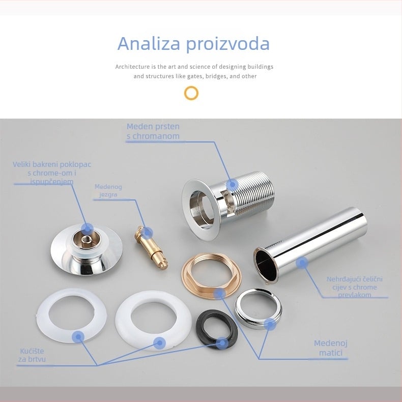 Europski stil pop-up odvoda za umivaonik od čistog bakra, model B-3000, kromiran, za staklenu umivaonicu