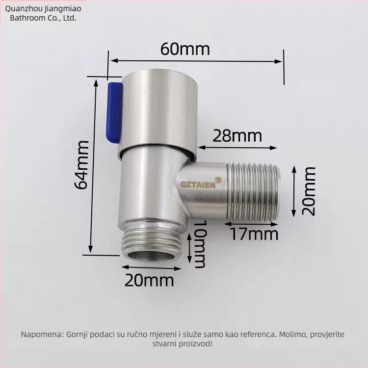 Mini kutni ventil od 304 nehrđajućeg čelika za toplu vodu, ugrađena instalacija, model Mini Angle Valve, radni tlak 1,2 MPa, materijal: čelik