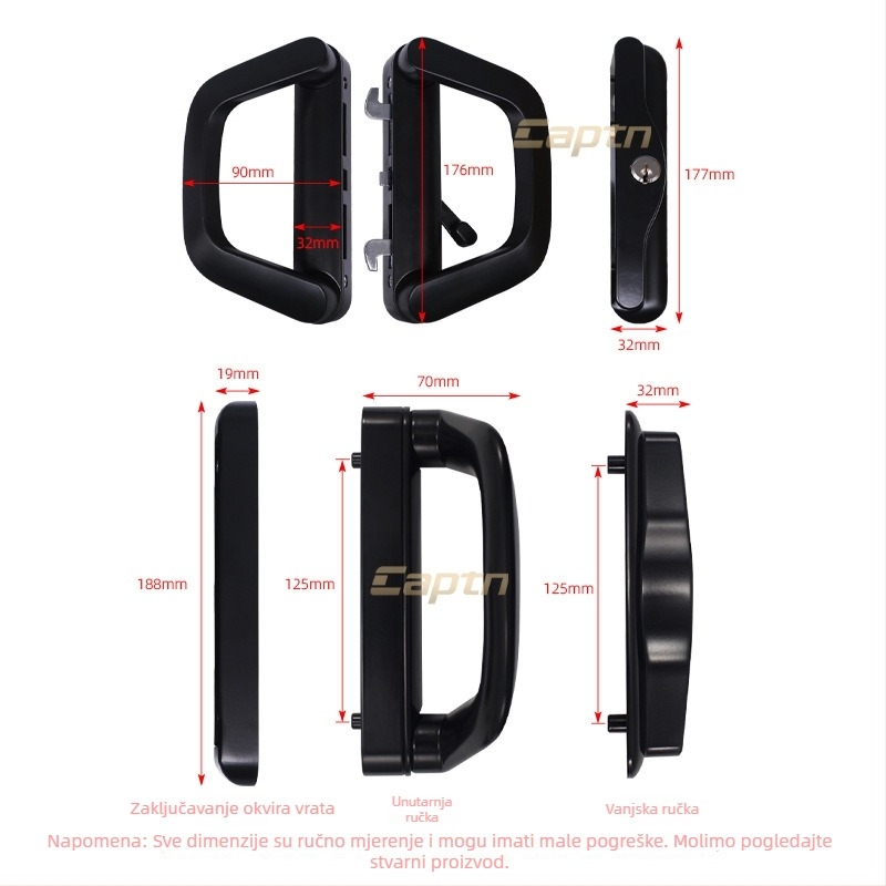 Brava za klizna vrata s drškom – model Butt sliding door lock; materijal: cinkova legura; stil: moderni minimalist; namjena: klizna vrata; s ključem