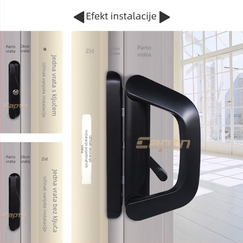 Brava za klizna vrata s drškom – model Butt sliding door lock; materijal: cinkova legura; stil: moderni minimalist; namjena: klizna vrata; s ključem