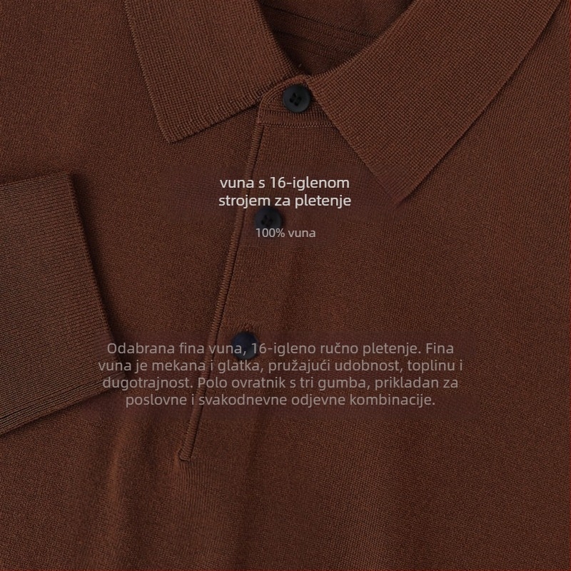 Muški pulover od 100% finog vuna, slim fit, turn-down ovratnik, strojno pranje, ribasti rub