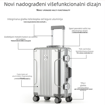 Kofer od aluminijsko-magnézijske legure za provjeru prtljage, TSA kombinirani bravi, 360° kotači, težina 3.98 kg