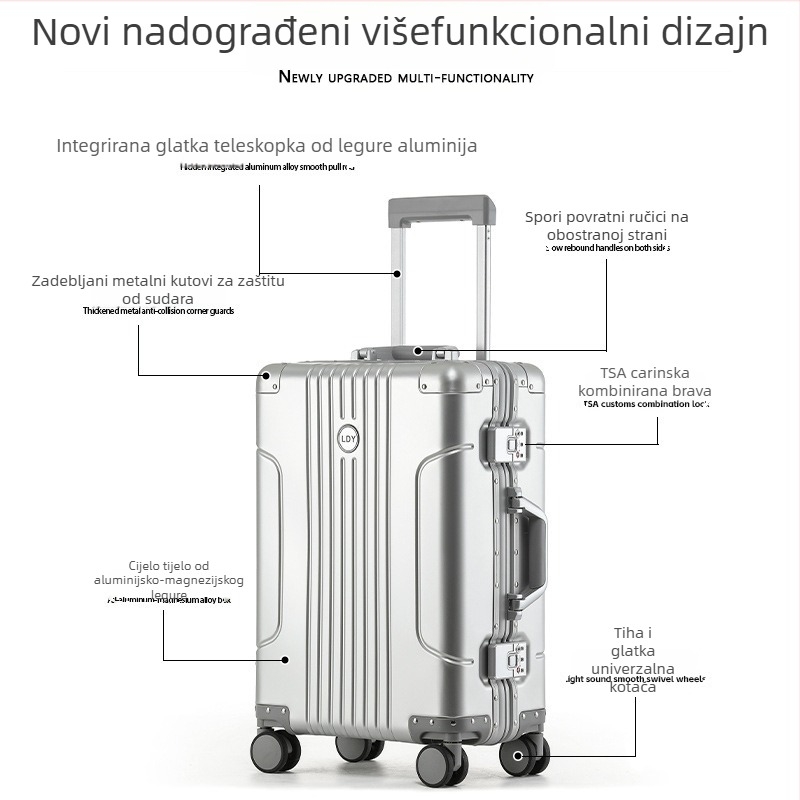 Kofer od aluminijsko-magnézijske legure za provjeru prtljage, TSA kombinirani bravi, 360° kotači, težina 3.98 kg