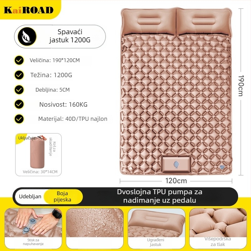 Vanjski nafukivi madrac za kampiranje – ultra lagan, prijenosan i povezan; Materijal: koži prijateljna tkanina + visoko elastična pjena; Pogodno za 1–2 osobe; Neto težina 3000 g; Automatsko naduvavanje