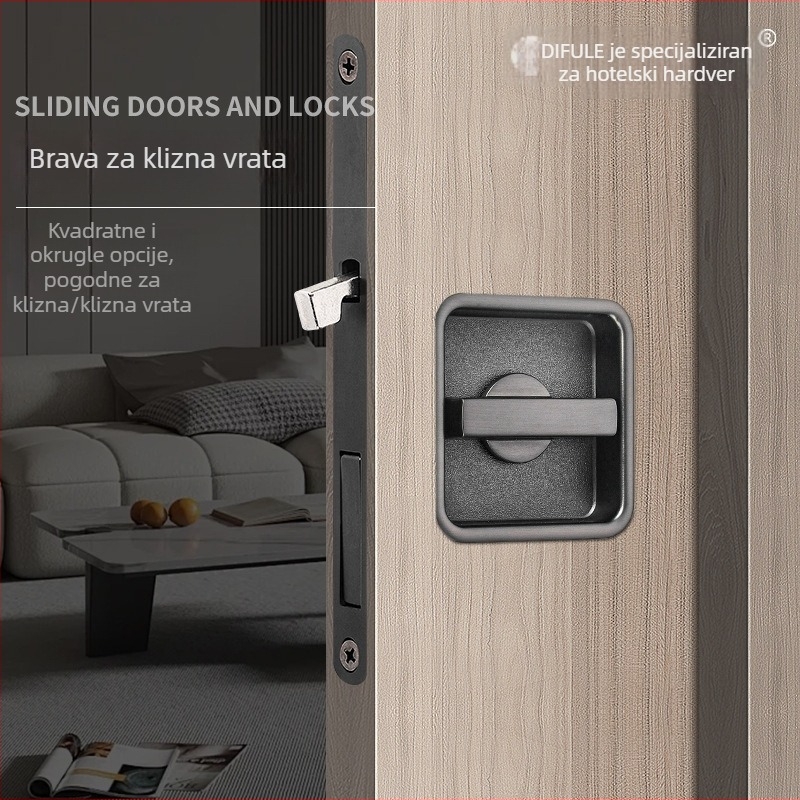 Katanac za džepna vrata, klizna sa bočnom ručkom, Difule Dfl-075a/076a, cinkova legura, moderan minimalistički stil