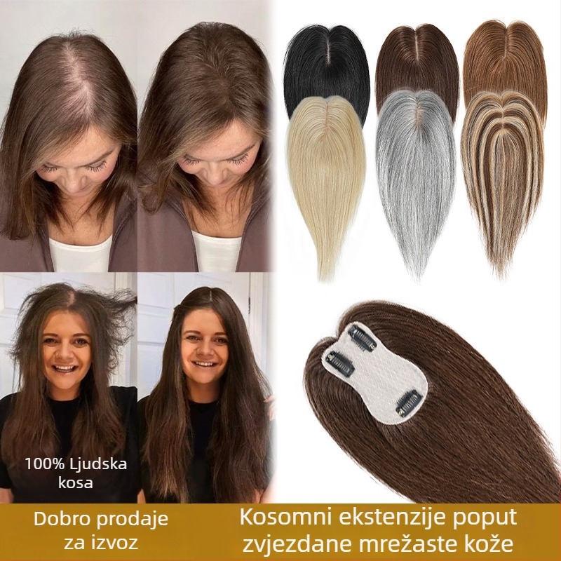Dio kose za pokrivanje sijedih na vrhu glave, od pravih ljudskih vlasi, ravnog reza, pogodno za žene, mehanizam izrade, može se bojiti ili kovrčati