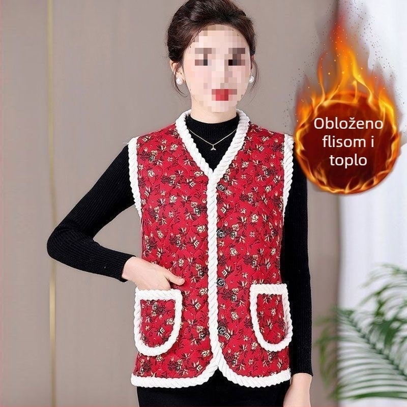 Ženska vest od ovčje vune s V izrezom, jednim gumbom, ultrakratka duljina, punjenje od vune