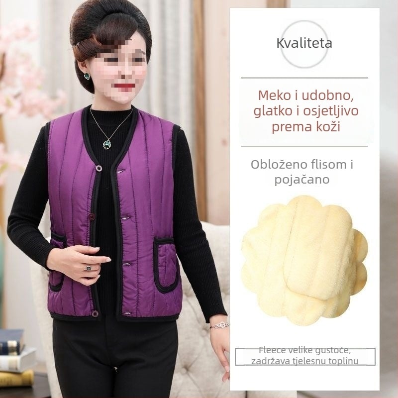 Ženska vest od ovčje vune s V izrezom, jednim gumbom, ultrakratka duljina, punjenje od vune