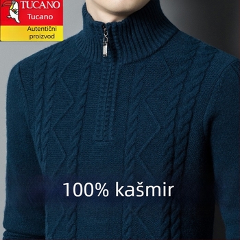 Muški džemper od kašmira mešavine s polovnim zipom i kružnim izrezom, debeli pleteni materijal, slobodan kroj, postotak vune 86–90%