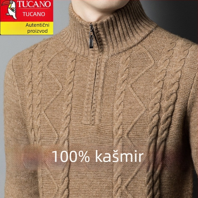 Muški džemper od kašmira mešavine s polovnim zipom i kružnim izrezom, debeli pleteni materijal, slobodan kroj, postotak vune 86–90%