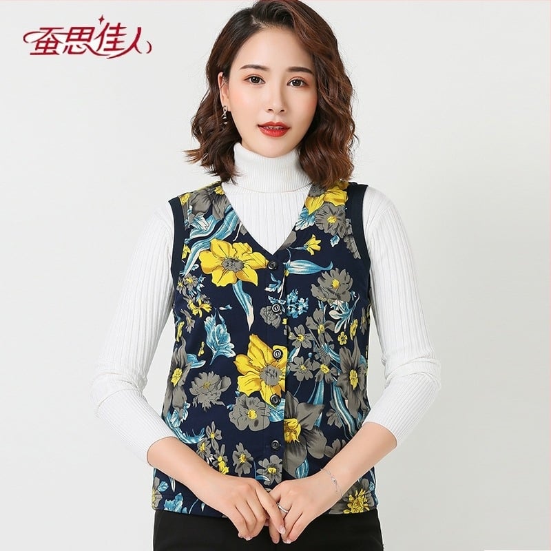 Zimska ženska vesta s punjenjem od 100% svile dud, pamukasti vanjski materijal, kamuflažni uzorak, pleteni, stojeći ovratnik, kardigan stil