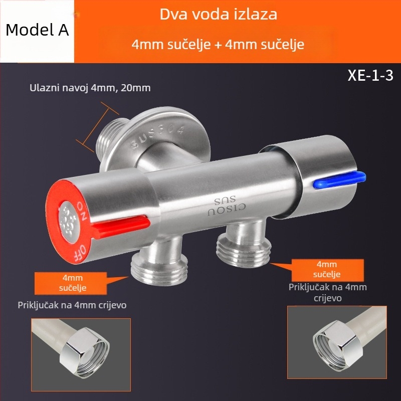 Razvod vode od 304 nehrđajućeg čelika, 1 ulaz/2 izlaza, tri-direkcijski kutni ventil za WC i perilicu rublja