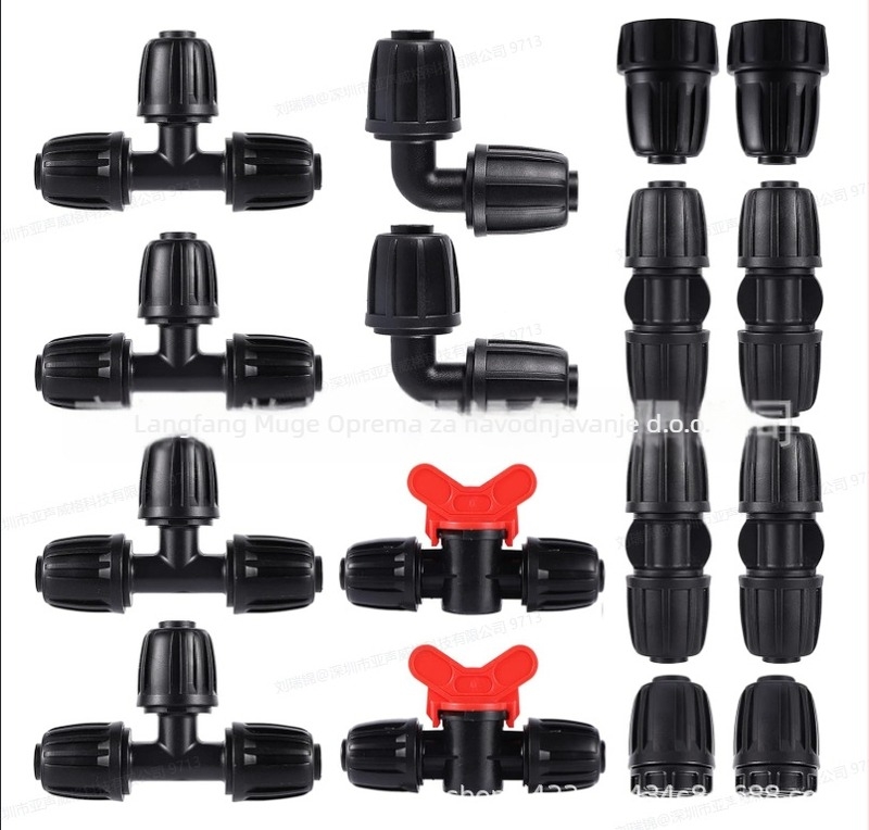 PE cjevovodni spoj za vodu s T-izvodom i koljenom, redukcijski T, s maticnim zaključavanjem (nut lock), materijal PE/POM, za kućnu njegu i zelene javne površine