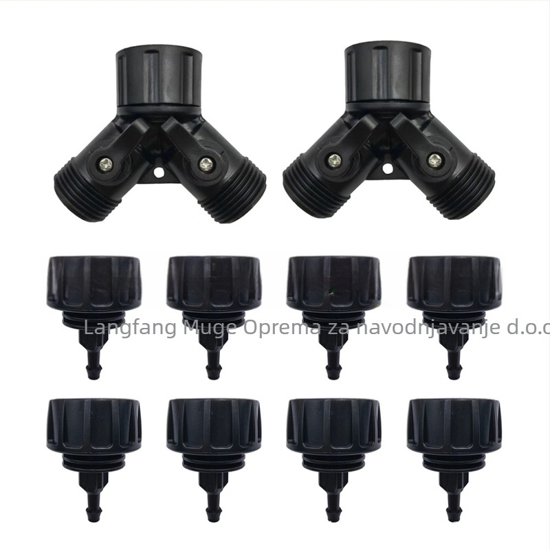 PE cjevovodni spoj za vodu s T-izvodom i koljenom, redukcijski T, s maticnim zaključavanjem (nut lock), materijal PE/POM, za kućnu njegu i zelene javne površine