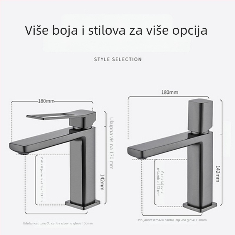 Bakrena miješajuća slavina za umivaonik, postavljena na ploču, keramički kartridžni ventil, jednodomna ručica, 0–99°C, 0,8 MPa