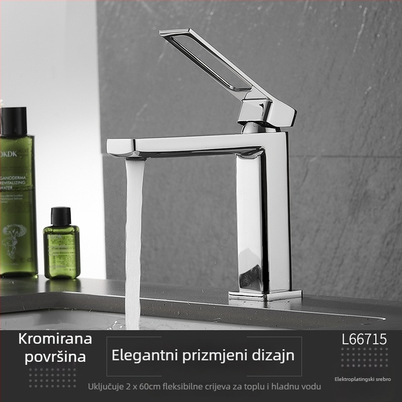 Bakrena miješajuća slavina za umivaonik, postavljena na ploču, keramički kartridžni ventil, jednodomna ručica, 0–99°C, 0,8 MPa