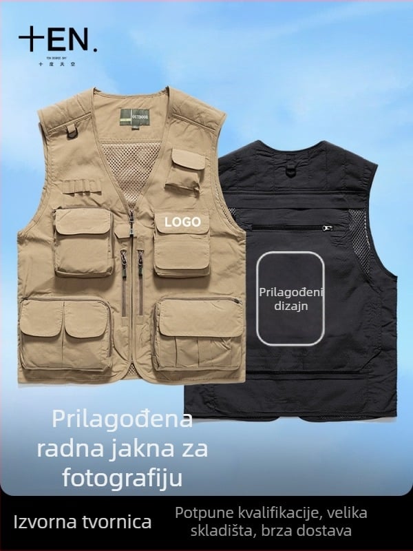 Foto radni prsluk s prilagođenim logom, višestruke džepove s mrežastim panelima, najlon/poliamid 100%, zatvarač, slobodan kroj, ljeto