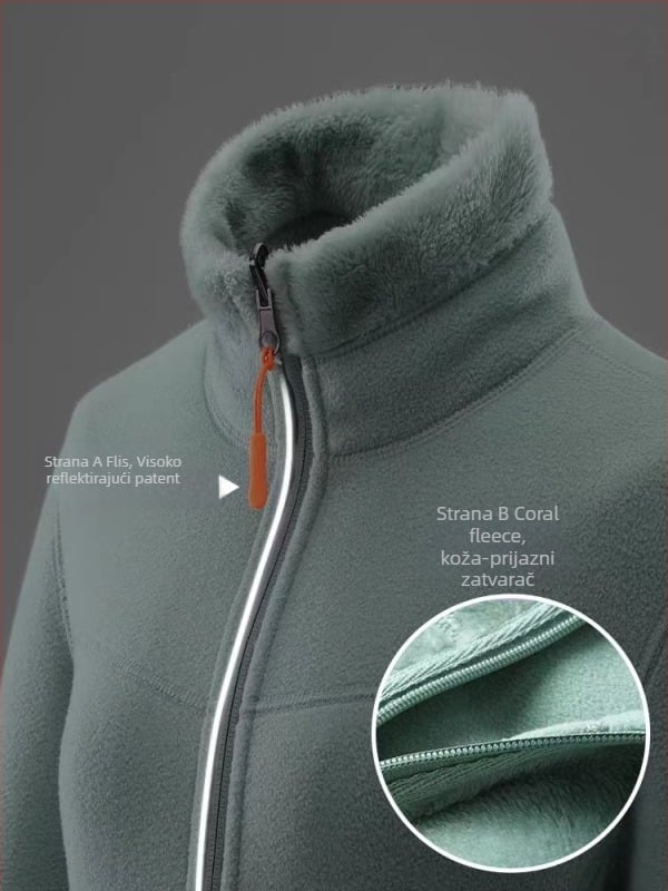 Unisex flis jakna s reverzibilnom Coral fleece podstavom, kardigan stil, za jesen i zimu, s odvojivim unutarnjim slojem