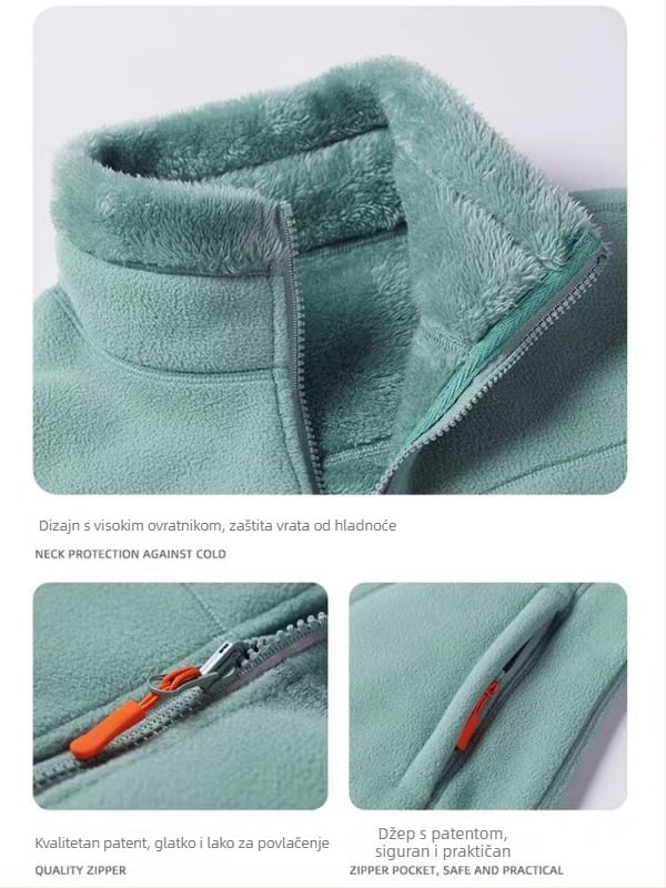 Unisex flis jakna s reverzibilnom Coral fleece podstavom, kardigan stil, za jesen i zimu, s odvojivim unutarnjim slojem