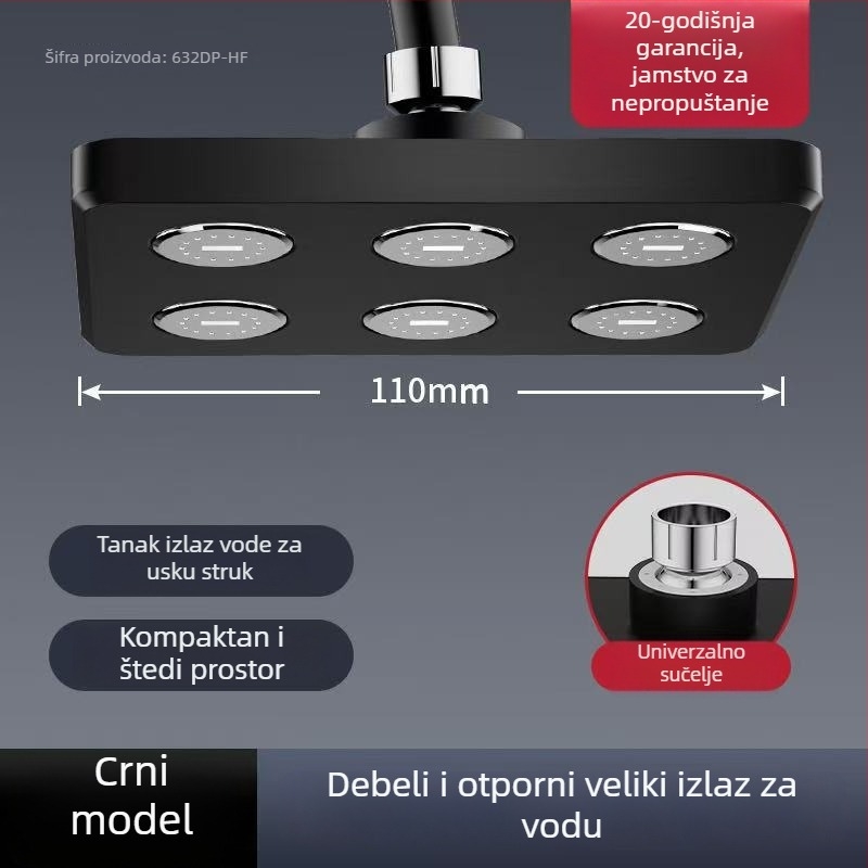 ABS tuš glava s gornjim raspršivanjem i izlazom u kaskadu, načini raspršivanja: kiša, mjehurići i raspršivanje, pričvršivanje navojem