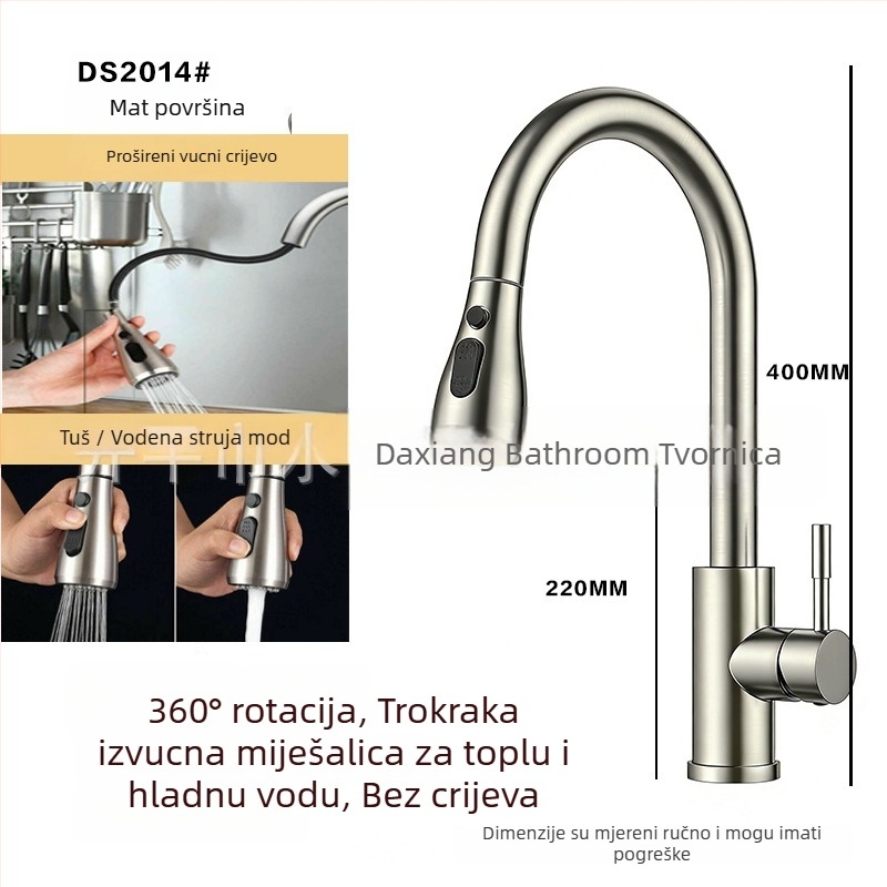 Kuhinjski miješalica s izvučenim izljevom od 304 nehrđajućeg čelika, topla i hladna voda, rotirajući izljev, model A-102, ulaz 1/2in
