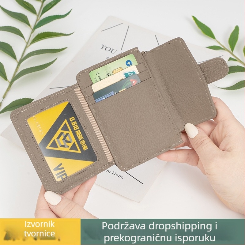 Ženski kožni kratki novčanik s ultra-tankim profilom, više kartica, jednobojan dizajn, gradski stil