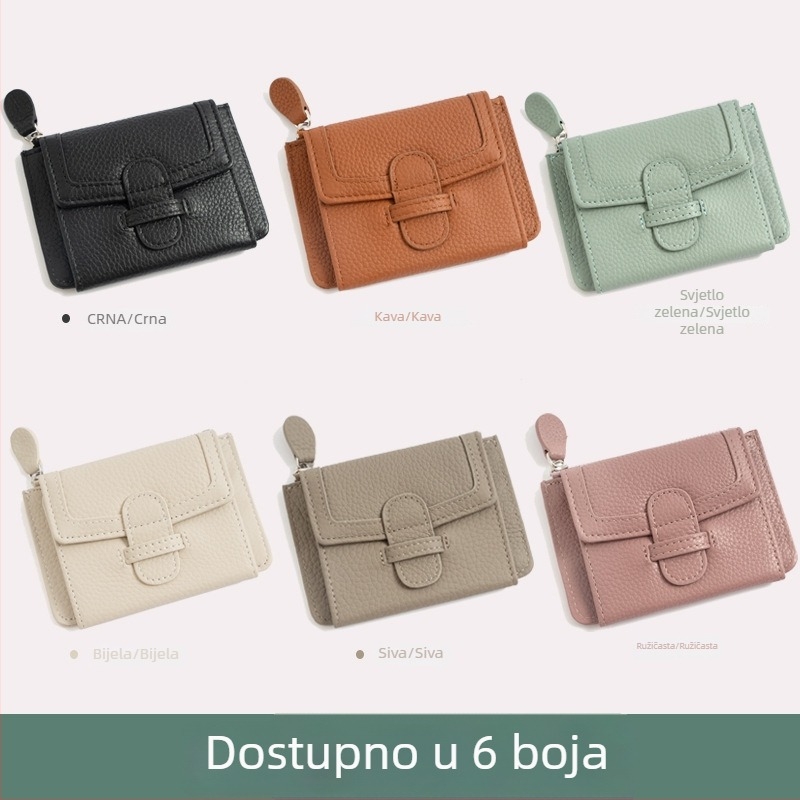 Ženski kožni kratki novčanik s ultra-tankim profilom, više kartica, jednobojan dizajn, gradski stil