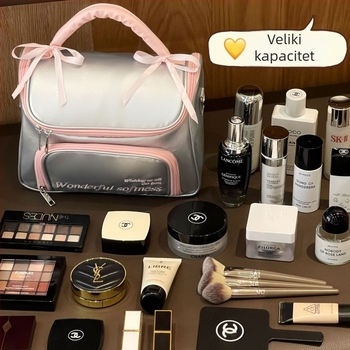 Šmink torbica s mašnicom, PU materijal, vodootporna, zatvarač na zip, kontrastni uzorak