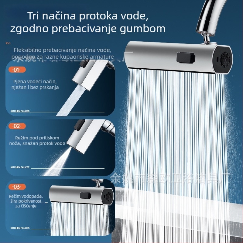Kuhinjska slavina s vodopadom i univerzalnim rotirajućim produženjem — Model Flying Feather; Materijal: legura + ABS tijelo; Površina: elektropliranje; Ugradnja: navoj; Radna temperatura: 100