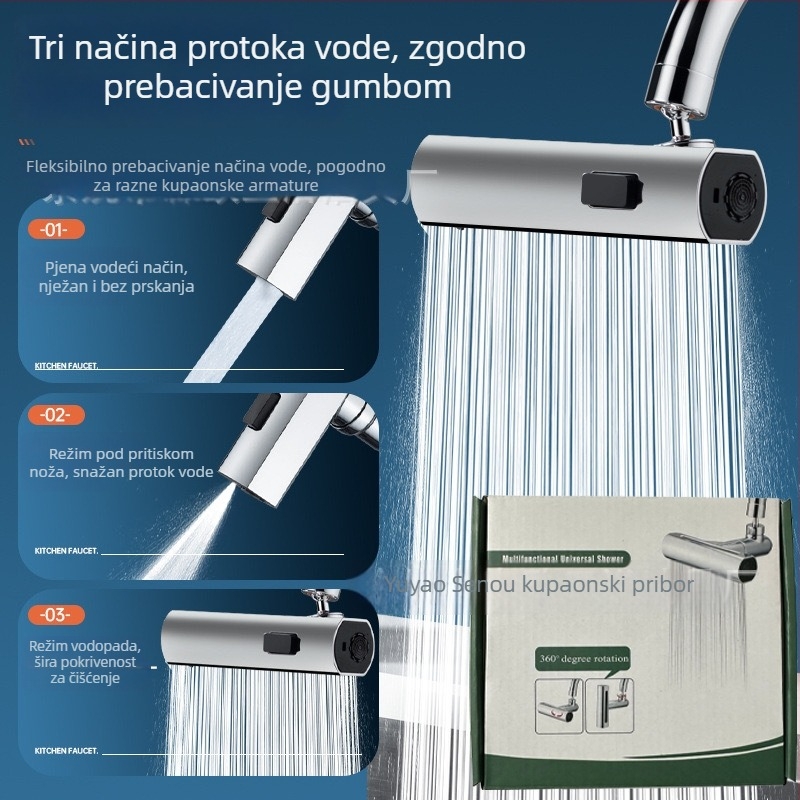 Kuhinjska slavina s vodopadom i univerzalnim rotirajućim produženjem — Model Flying Feather; Materijal: legura + ABS tijelo; Površina: elektropliranje; Ugradnja: navoj; Radna temperatura: 100