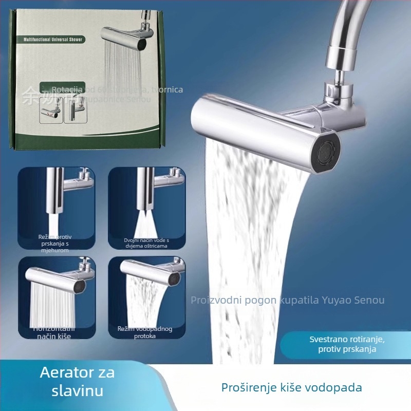 Kuhinjska slavina s vodopadom i univerzalnim rotirajućim produženjem — Model Flying Feather; Materijal: legura + ABS tijelo; Površina: elektropliranje; Ugradnja: navoj; Radna temperatura: 100