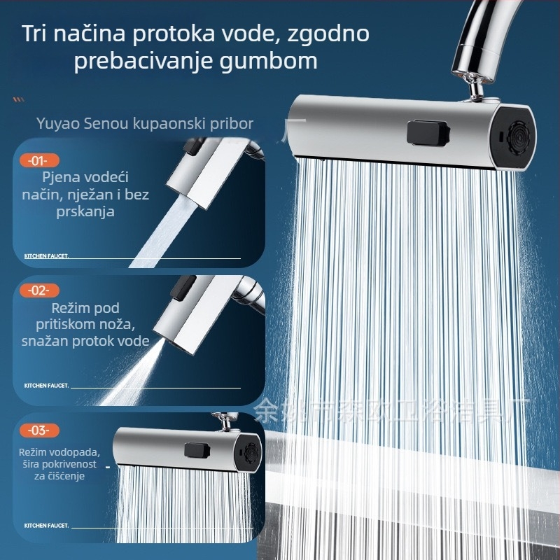 Kuhinjska slavina s vodopadom i univerzalnim rotirajućim produženjem — Model Flying Feather; Materijal: legura + ABS tijelo; Površina: elektropliranje; Ugradnja: navoj; Radna temperatura: 100