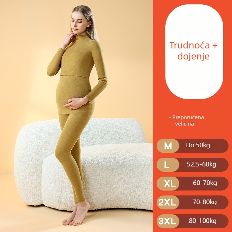 Majčinski termalni pidžama set, s brusiranom unutrašnjošću, bezšivne dojenje, dugi rukavi, debela poliester tkanina, jesen-zima