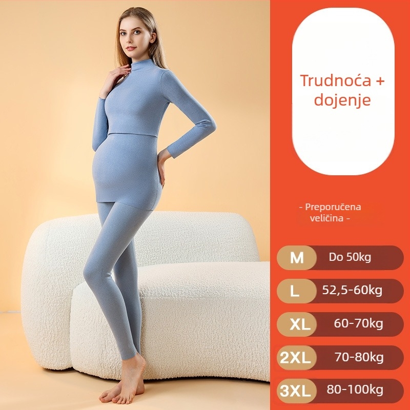 Majčinski termalni pidžama set, s brusiranom unutrašnjošću, bezšivne dojenje, dugi rukavi, debela poliester tkanina, jesen-zima