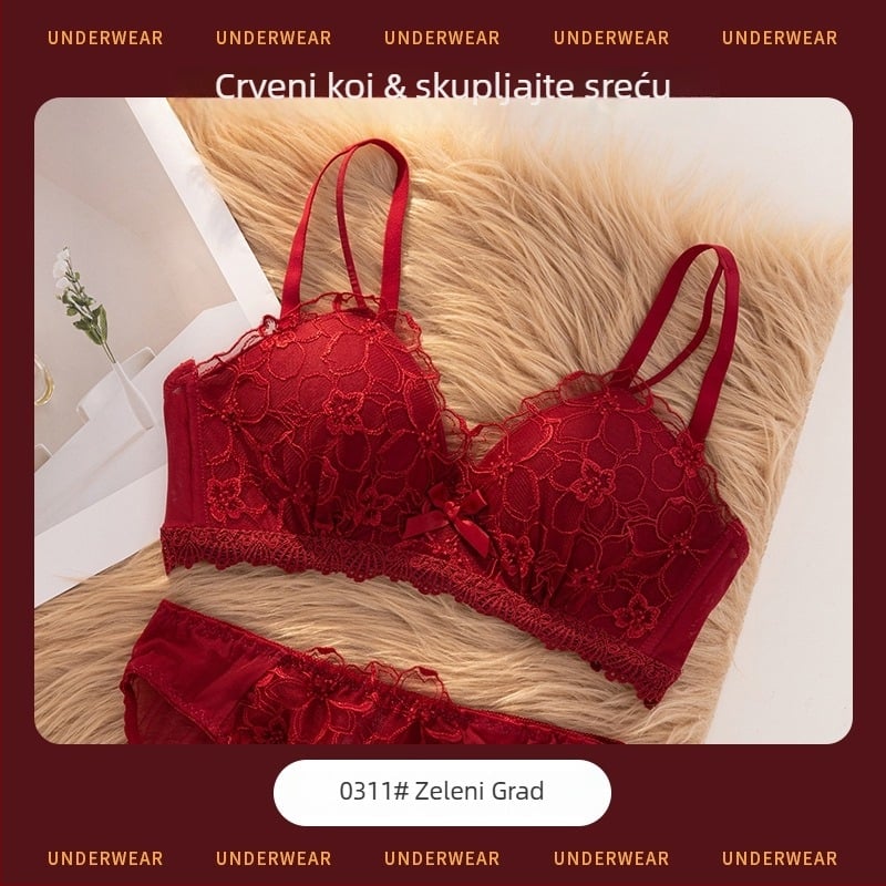 Ženski grudnjak set s 3/4 košarice, oblikovane košarice s tankim gornjim dijelom i debelim donjim dijelom, čipkasta najlon tkanina, fiksirani dvostruki kaiševi, stražnje troredno kopčanje, bežični, prozračan, udoban