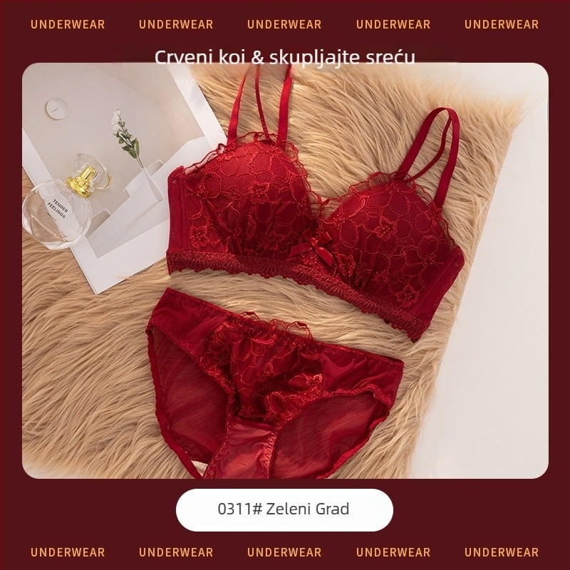 Ženski grudnjak set s 3/4 košarice, oblikovane košarice s tankim gornjim dijelom i debelim donjim dijelom, čipkasta najlon tkanina, fiksirani dvostruki kaiševi, stražnje troredno kopčanje, bežični, prozračan, udoban