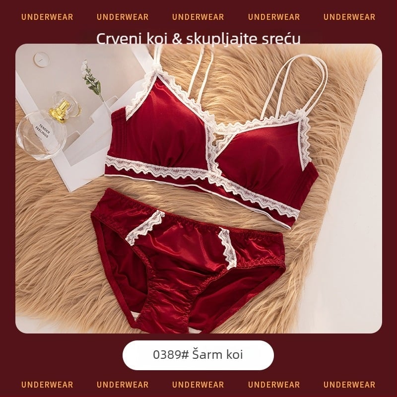 Ženski grudnjak set s 3/4 košarice, oblikovane košarice s tankim gornjim dijelom i debelim donjim dijelom, čipkasta najlon tkanina, fiksirani dvostruki kaiševi, stražnje troredno kopčanje, bežični, prozračan, udoban