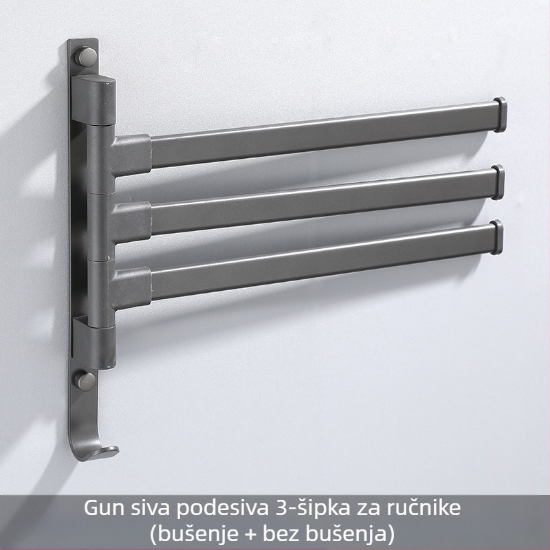 Zidni 3-slojni nosač za ručnike, bez bušenja, od aluminijske legure, premaz od pečenog laka, okretni (nosivost do 10 kg)